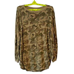 Caslon Sweater Top Womens M Nordstrom Tunic Green Camo Bishop Sleeve Oversized